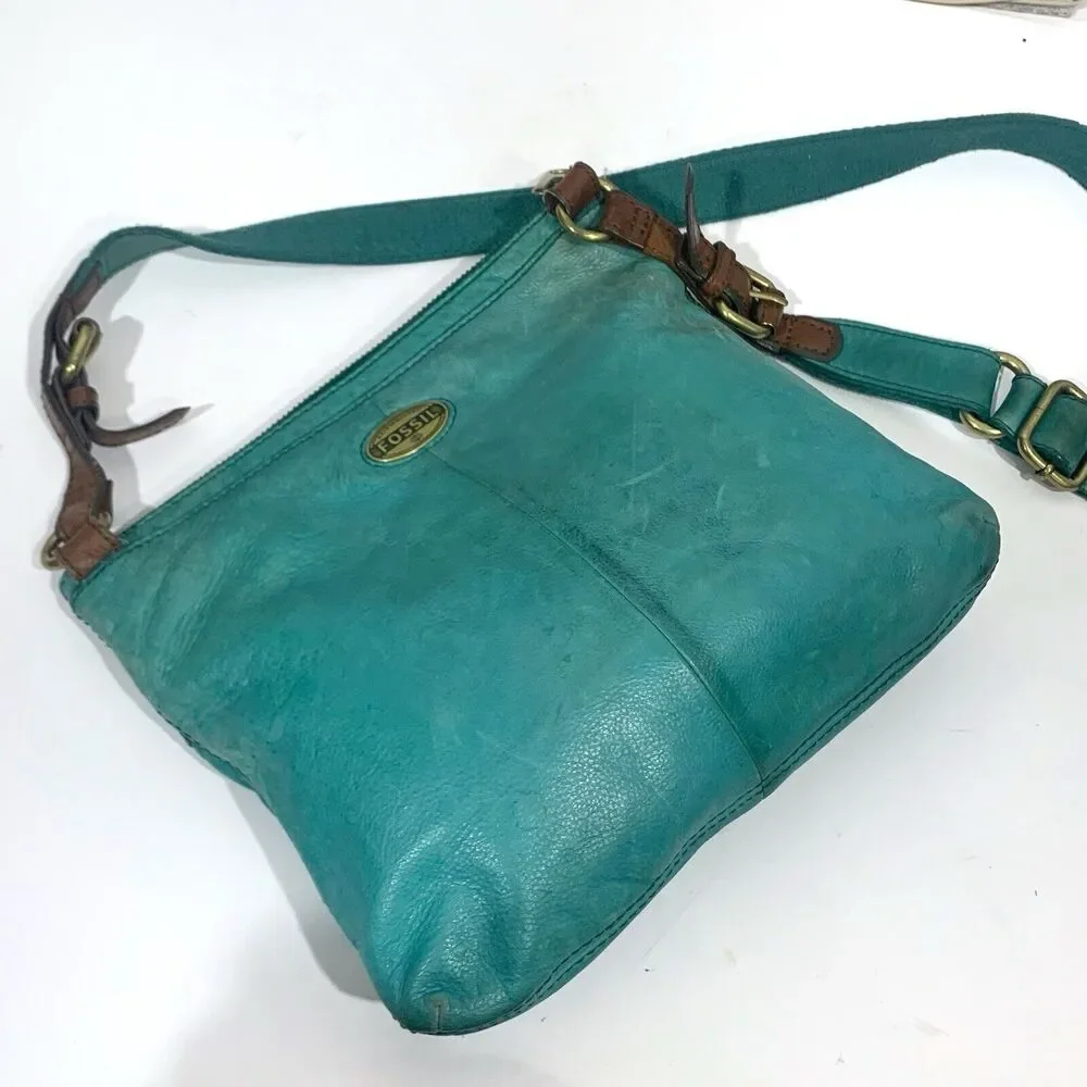 Fossil Explorer Crossbody Purse Teal Leather With 3 Zippers Purse
